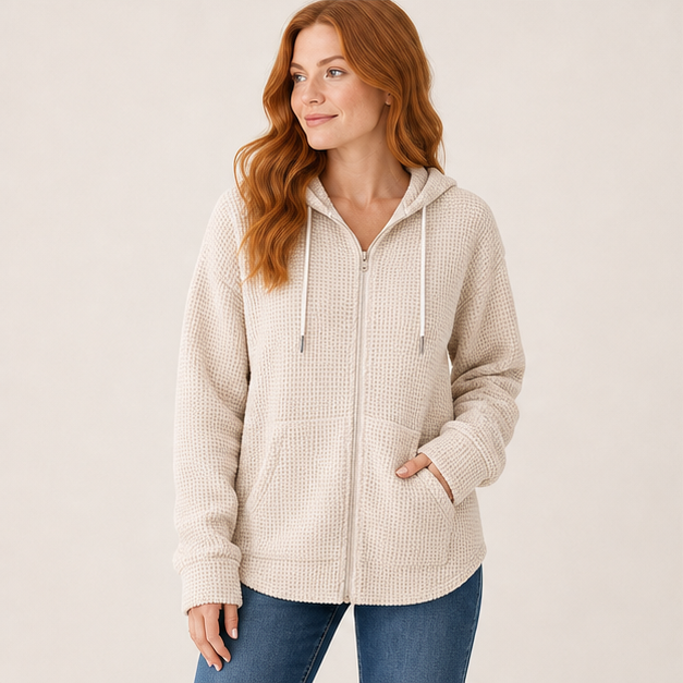 Women's Full Zip Up Hoodies Waffle Knit Long Sleeve Drawstring Casual Sweatshirt Hooded Tops - image 3