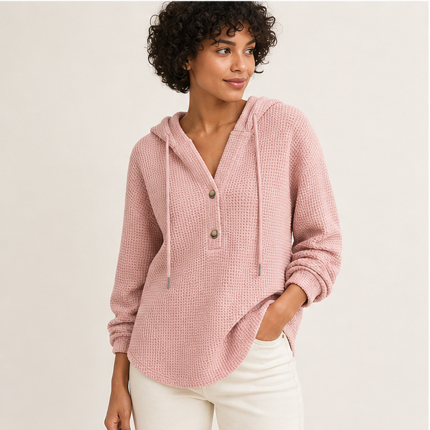 Women Waffle Knit Long Sleeve Drawstring Button V Neck Casual Sweatshirt Hooded Tops Fashion Clothing - image 3