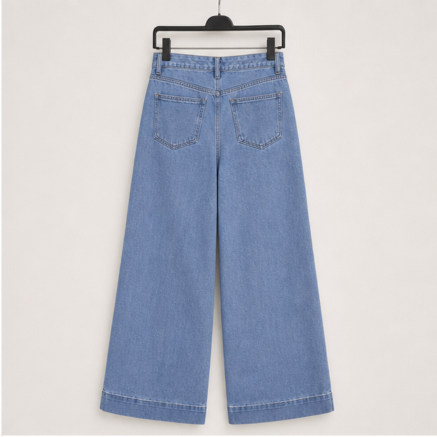 Women's Casual High Waisted Jeans Stretch Button Wide Leg Loose Denim Pants with Pockets - back view