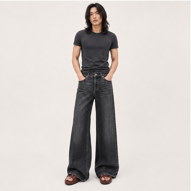 Wide Leg Jeans for Women Mid Waist Baggy Stitch Decor Denim Washed Pants Without Belt - model view